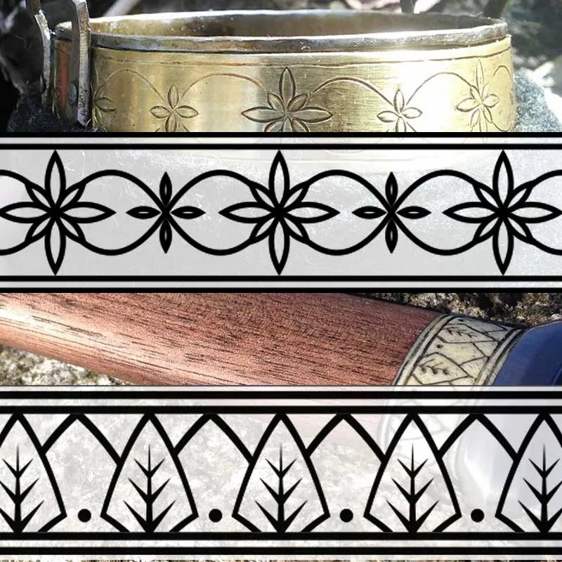 The same two borders shown over leather and wooden objects